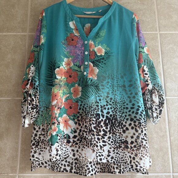 Soft Surroundings Tunic Top Women Small Blue Floral Leopard Print Tropical Sheer - Picture 6 of 10